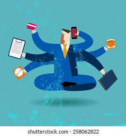 meditating businessman with six hands 