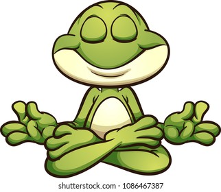 Meditating cartoon frog in lotus flower pose. Vector clip art illustration with simple gradients. All in a single layer. 
