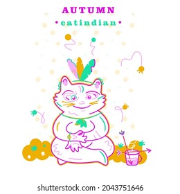 A meditating cat in an image of an Indian on an autumn day. He has a roach, a leaf beads, a wristband and earrings on. Nearby him a cup of hot drink is standing with two arrows - in it and on it.