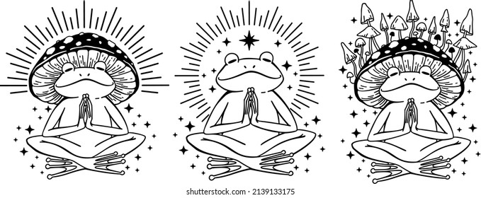 Meditating Celestial Frog, Magic toad with moon, Frog in mushroom hat, Celestial toad, Witchy frog with moon phases