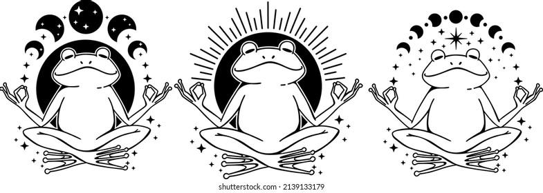 Meditating Celestial Frog, Magic toad with moon, Frog in mushroom hat, Celestial toad, Witchy frog with moon phases