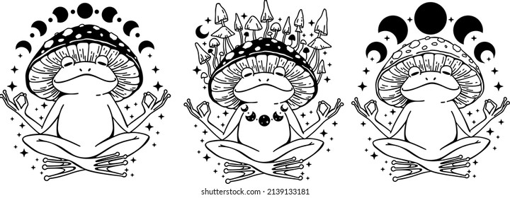 Meditating Celestial Frog, Magic toad with moon, Frog in mushroom hat, Celestial toad, Witchy frog with moon phases