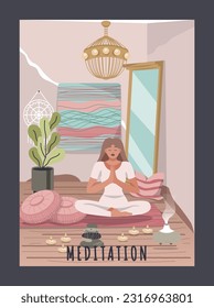 Meditating character poster. Relaxed girl levitates and clears her thoughts. Woman takes care of her mental health, sits in lotus position with incense and candles. Cartoon flat vector illustration