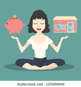 Meditating concept with Piggy Bank and Shop