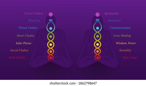 Meditating couple with seven main chakras and kundalini serpent or coiled snake, symbol for spiritual awakening, healing power and harmony. With names and meanings, purple background.
