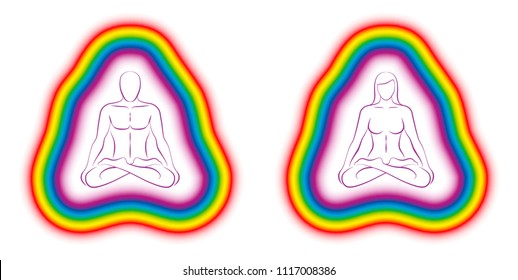 Meditating couple in yoga position with colorful subtle body or aura. Isolated vector illustration on white background.