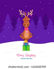 Meditating deer cartoon. Illustration of moose yoga sit on gifts pile