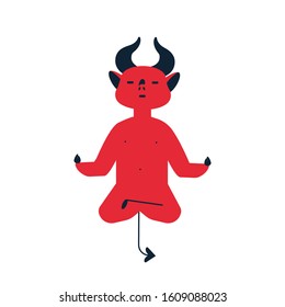 Meditating devil flat vector illustration. Peace and quiet, sport and health, stress relief concept. Red demon practicing yoga, mythical creature breathing in asana isolated on white background.