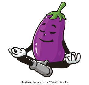 Meditating Eggplant Cartoon Character Mascot Illustration Vector Clip-art Hand-drawn Logo Design