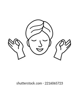 Meditierendes Gesichtssymbol. Junge und attraktive Mädchen rennt ihre Hände über Wangen. Morgenprogrammzeichen und tägliche Rituale. Doodle, Vektorgrafik.