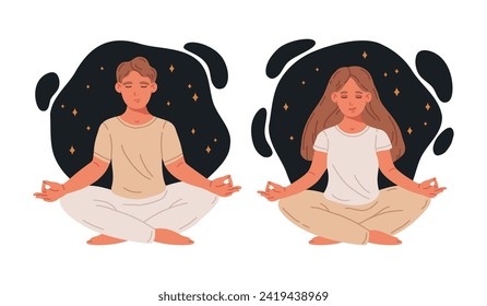 Meditating female and male characters. People in yoga lotus pose, meditation and breath exercise flat vector illustration set. Man and woman practice yoga asana