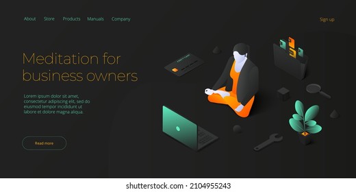 Meditating female manager concept in isometric vector illustration. Workload female businesswoman in yoga lotus pose. Web banner template.