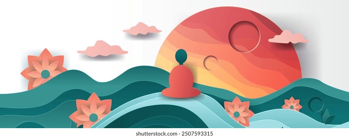 Meditating figure sunset over waves flowers. Papercut style serene scene with a figure meditating against a vibrant sunset background with waves and flowers
