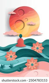 Meditating figure with sunset waves flowers papercut style serene scene colorful clouds abstract background