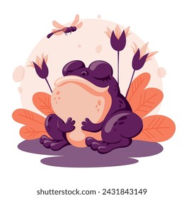 Meditating frog. Deep breath, harmony with nature. Balance and yoga. Vector illustration, handdrawn