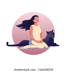 Meditating girl with her panther pet. Flat style illustration