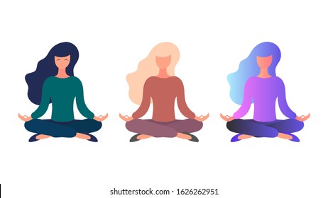 Meditating girl isolated on a white background. Meditation and relaxation. Vector illustration.