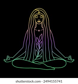 Meditating girl in lotus pose in linear in gradient colours