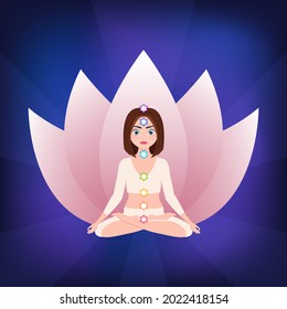 Meditating girl in lotus pose. Yoga, vector illustration. Colorful 7 chakras and aura glow. Sacral lotus flower background. 