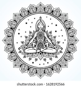 Meditating girl in mandala. Could be used for yoga mats, tshirts