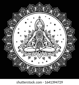 Meditating girl in mandala. Could be used for yoga mats, tshirts