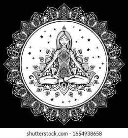 Meditating girl in mandala. Could be used for yoga mats, tshirts