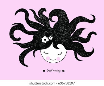 Meditating girl medusa head with waving hair tentacles and flower vector illustration. Idea for print or postcard