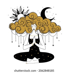 Meditating girl with moon and sun. Woman doing yoga, spiritual balance and relaxation concept, vector hand drawing isolated on white background.