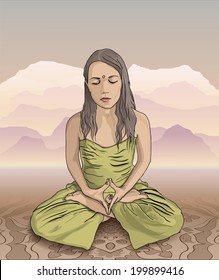 Meditating girl in the mountains
