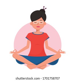 Meditating girl sitting in lotus position. Yoga, meditation, relax, recreation or healthy lifestyle concept. Vector flat illustration isolated on white background.