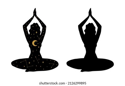 Meditating girl with space and moon inside, black silhouette, set. Mystical esoteric symbol for yoga, tantra, tarot. Vector illustration isolated on white background.