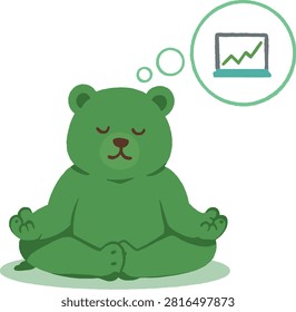 Meditating Green Bear Trader Thinking of Growth Chart Vector Illustration