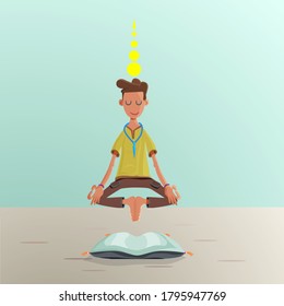 
Meditating guy hovers over a pillow in nature