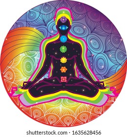 Meditating human in lotus pose in universe beside the stars. Yoga, esoterics; seven chakras and aura glow. Mandala background.