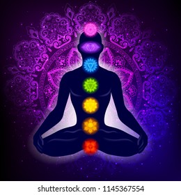 Meditating human in lotus pose. Yoga illustration. Colorful 7 chakras and aura glow. Mandala background.
