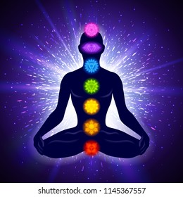 Meditating human in lotus pose. Yoga illustration. Colorful 7 chakras and aura glow. Shine background.