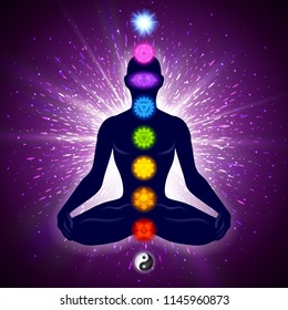 Meditating human in lotus pose. Yoga illustration. Colorful 9 chakras and aura glow. Shine background.