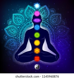 Meditating human in lotus pose. Yoga illustration. Colorful 9 chakras and aura glow. Mandala background.