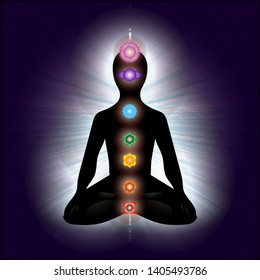 Meditating human in lotus pose. Yoga illustration. Colorful 9 chakras and aura glow.