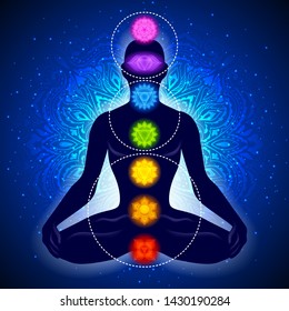 Meditating human in lotus pose. Yoga illustration. Colorful 7 chakras and aura glow. Mandala background. Three chakras types grouped in circles.