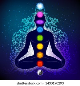 Meditating human in lotus pose. Yoga illustration. Colorful 9 chakras and aura glow. Ornamental background.