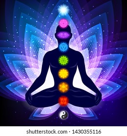 Meditating human in lotus pose. Yoga illustration. Colorful 9 chakras and aura glow. Sacral lotus flower background.
