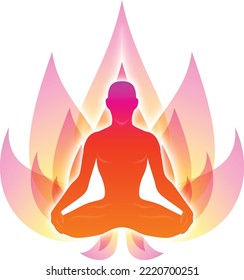 Meditating Human In Lotus Pose. Yoga Illustration. Colorful 9 Chakras And Aura Glow. Sacral Lotus Flower Background.