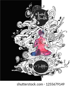 Meditating human in lotus pose.Mental health symbol chakra power, inspiration abstract thought, world, universe inside your mind, watercolor and  doodle hand drawn  vector illustration