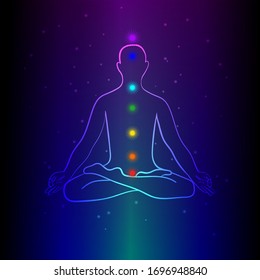 Meditating human silhouette with chakra signs. Practicing meditation. Yoga lotus pose, asana padmasana. Vector illustration.