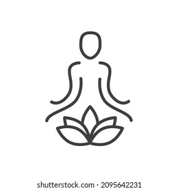 Meditating Human Silhouette With Lotus Flower. Yoga And Meditation Symbol. Logo Template For Meditation And Spiritual Wellbeing Centre. Simple Vector Outline Icon.