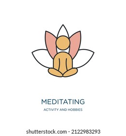 icono de meditación de la colección de actividades y hobbies. Meditación de contorno delgado, meditación, energía, desplazamiento lineal detallado del icono de color aislado en el fondo blanco. Signo de meditación del vector de línea, símbolo 
