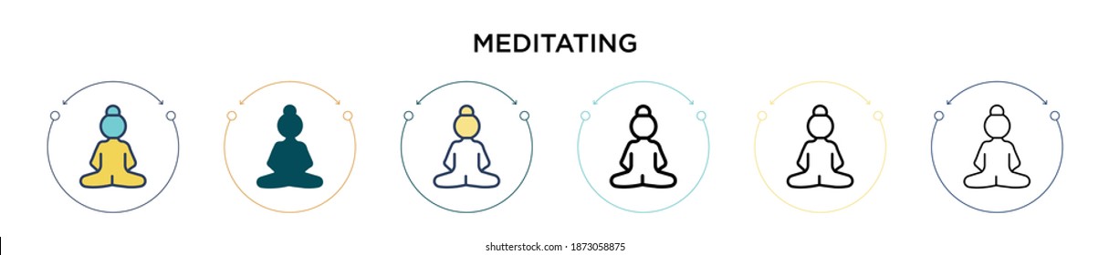 Meditating icon in filled, thin line, outline and stroke style. Vector illustration of two colored and black meditating vector icons designs can be used for mobile, ui, web