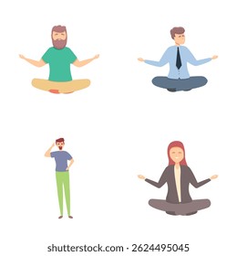 Ícones de meditação definem o vetor de desenhos animados. Jovens positivos meditando. Zen, conceito de harmonia