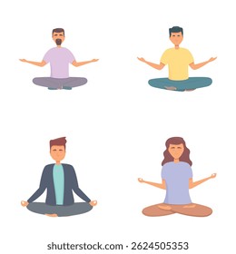 Ícones de meditação definem o vetor de desenhos animados. Feminino e masculino em postura de lótus de ioga. Harmonia emocional